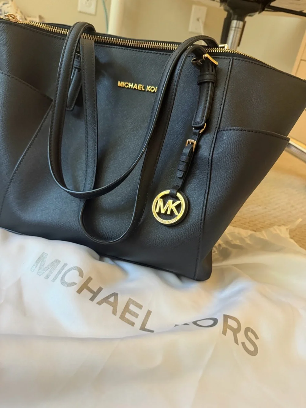 Michael Kors Black Saffiano Leather Double-Handle Tote with Gold Hardware